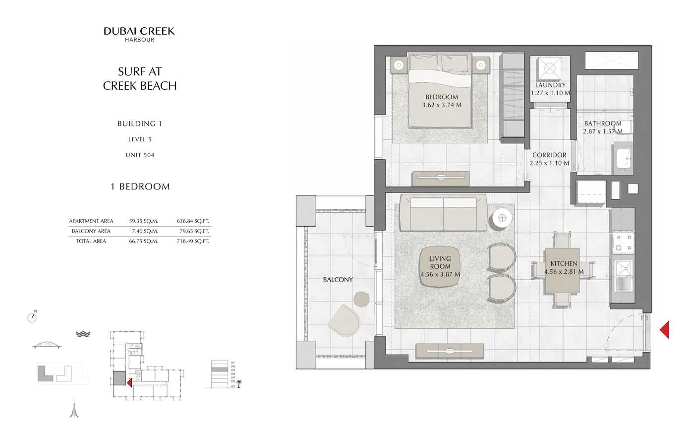 Building 1, 1 Bedroom, Level 5, 718 Sq Ft